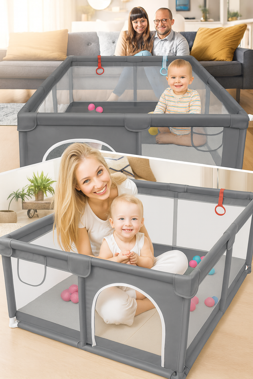 Tarc de joaca cu bile si covoras HappyKID – 4 inele ridicare stimulare senzoriala – imagine 2