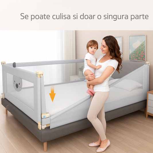 Set 3 Bariere Siguranta Pat Gri 2x200cm + 1x180cm, Înălțime Reglabilă 68-98cm, Protecție pentru Orice Pat,Gri,Conectori Inclusi