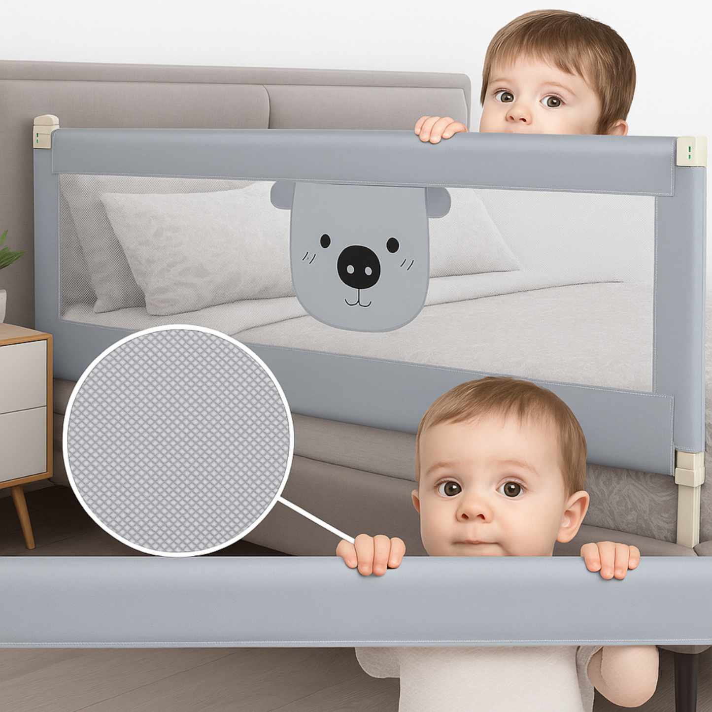 Set 3 bariere siguranta pat gri HappyKID – 2x200cm plus 1x180cm inaltime reglabila 68-98cm