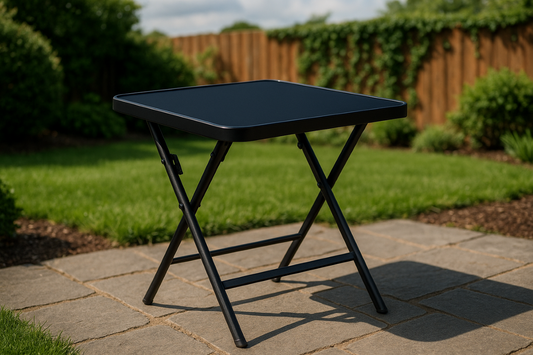 Masă pliabilă exterior 80x80 cm 4 persoane – metal și sticlă neagră rezistentă