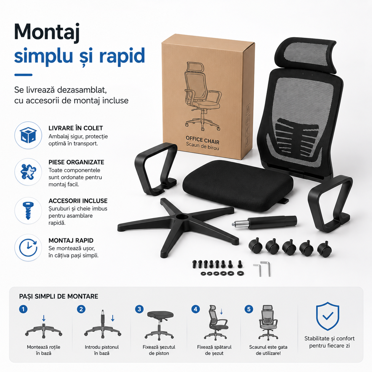 Scaun Ergonomic Reglabil pentru Birou si Gaming, Negru inchis