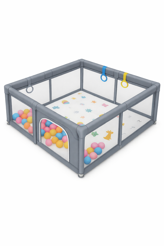 Tarc de joaca pentru copii, HappyKID cu 4 inele ridicare,covoras si mingi,120x120x65cm