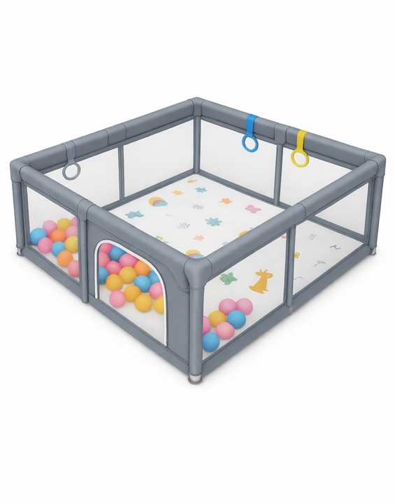 Tarc de joaca pentru copii, HappyKID cu 4 inele ridicare,covoras si mingi,120x120x65cm
