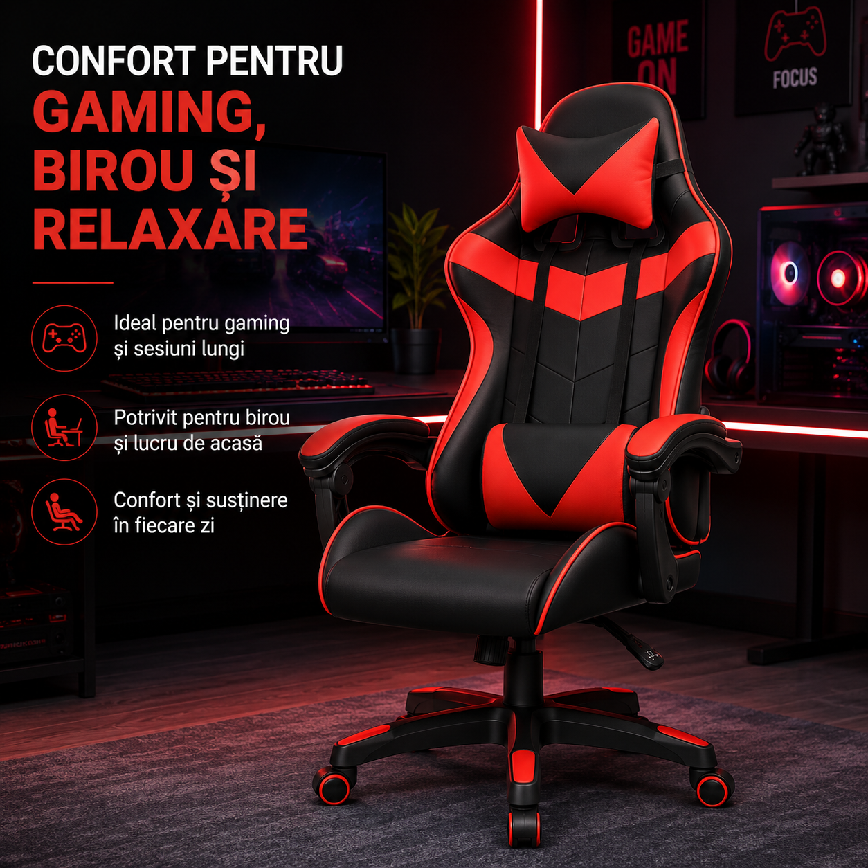 Scaun gaming ergonomic ROHS ExtremePro, funcție recliner, piele ecologică, pernă lombară și cervicală, suport 140 kg, negru cu roșu