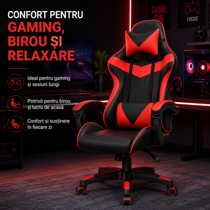 Scaun gaming ergonomic ROHS ExtremePro, funcție recliner, piele ecologică, pernă lombară și cervicală, suport 140 kg, negru cu roșu