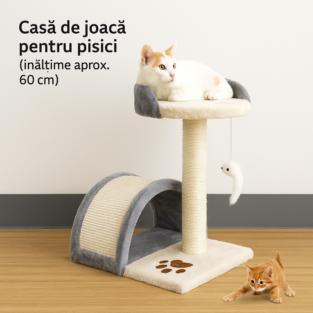 Ansamblu de joaca pisici cu sisal si jucarie soricel, 42 cm, gri – HAPPYpets