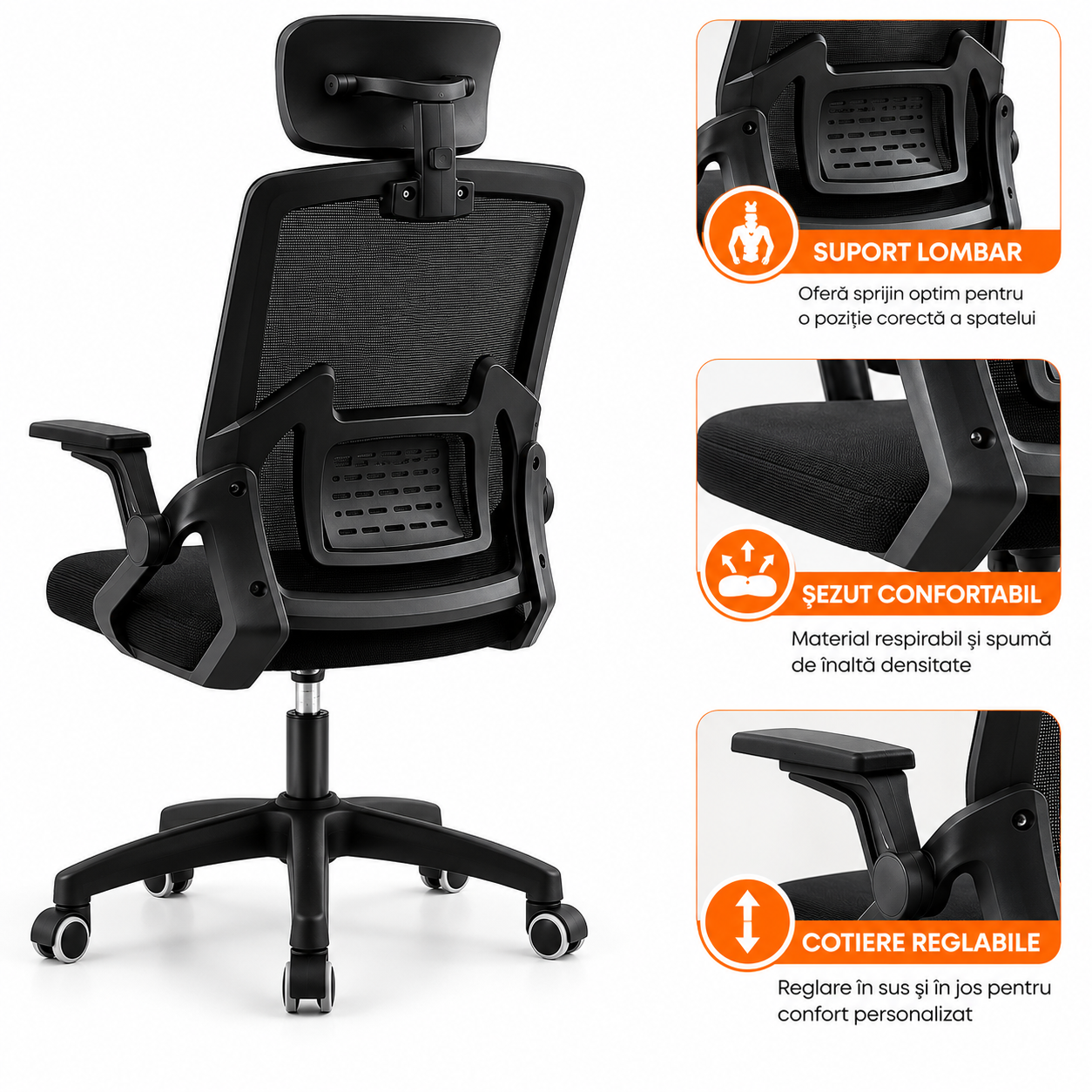 Scaun ergonomic reglabil pentru birou sau gaming, culoare negru