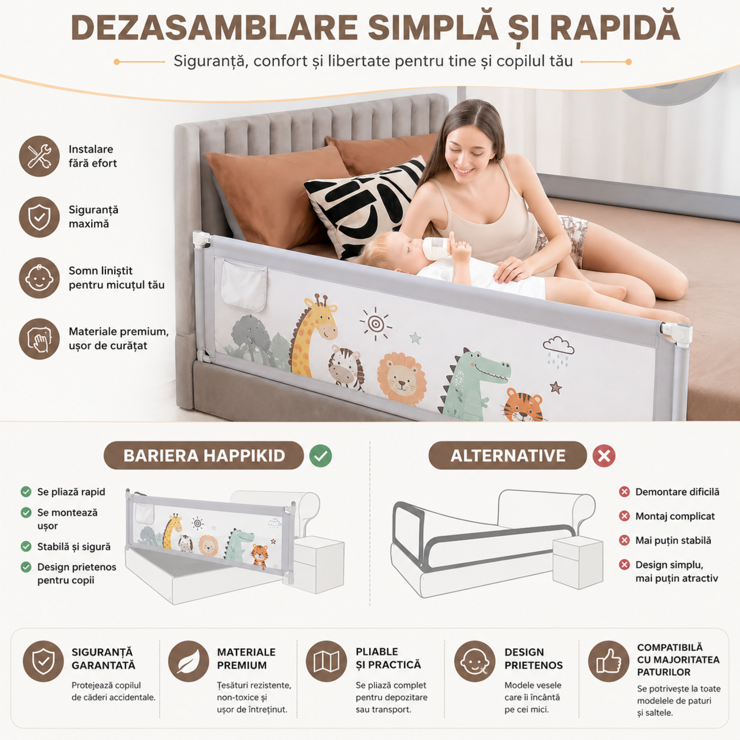 Product	 Set 3 Bariere de Siguranță Pat Copii HappiKID, 2x200 cm + 1x160 cm, Înălțime Reglabilă 68–98 cm, Protecție Anti-Cădere pentru Bebeluși și Copii, Universal