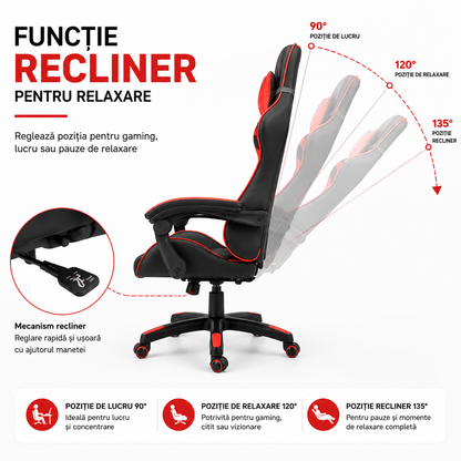 Scaun gaming ergonomic ROHS ExtremePro, funcție recliner, piele ecologică, pernă lombară și cervicală, suport 140 kg, negru cu roșu
