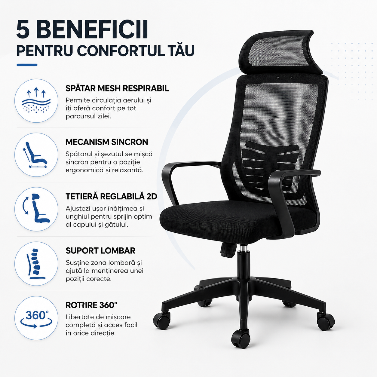 Scaun Ergonomic Reglabil pentru Birou si Gaming, Negru inchis