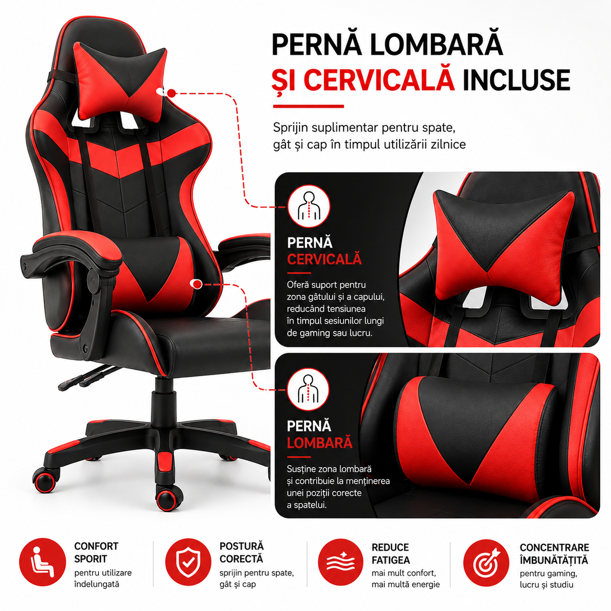 Scaun gaming ergonomic ROHS ExtremePro, funcție recliner, piele ecologică, pernă lombară și cervicală, suport 140 kg, negru cu roșu
