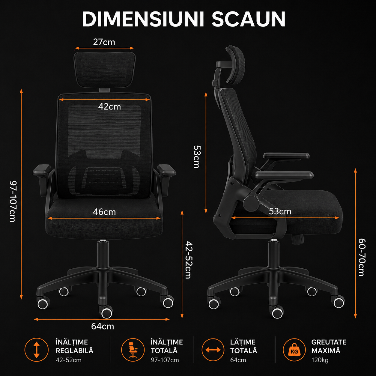 Scaun ergonomic reglabil pentru birou sau gaming, culoare negru