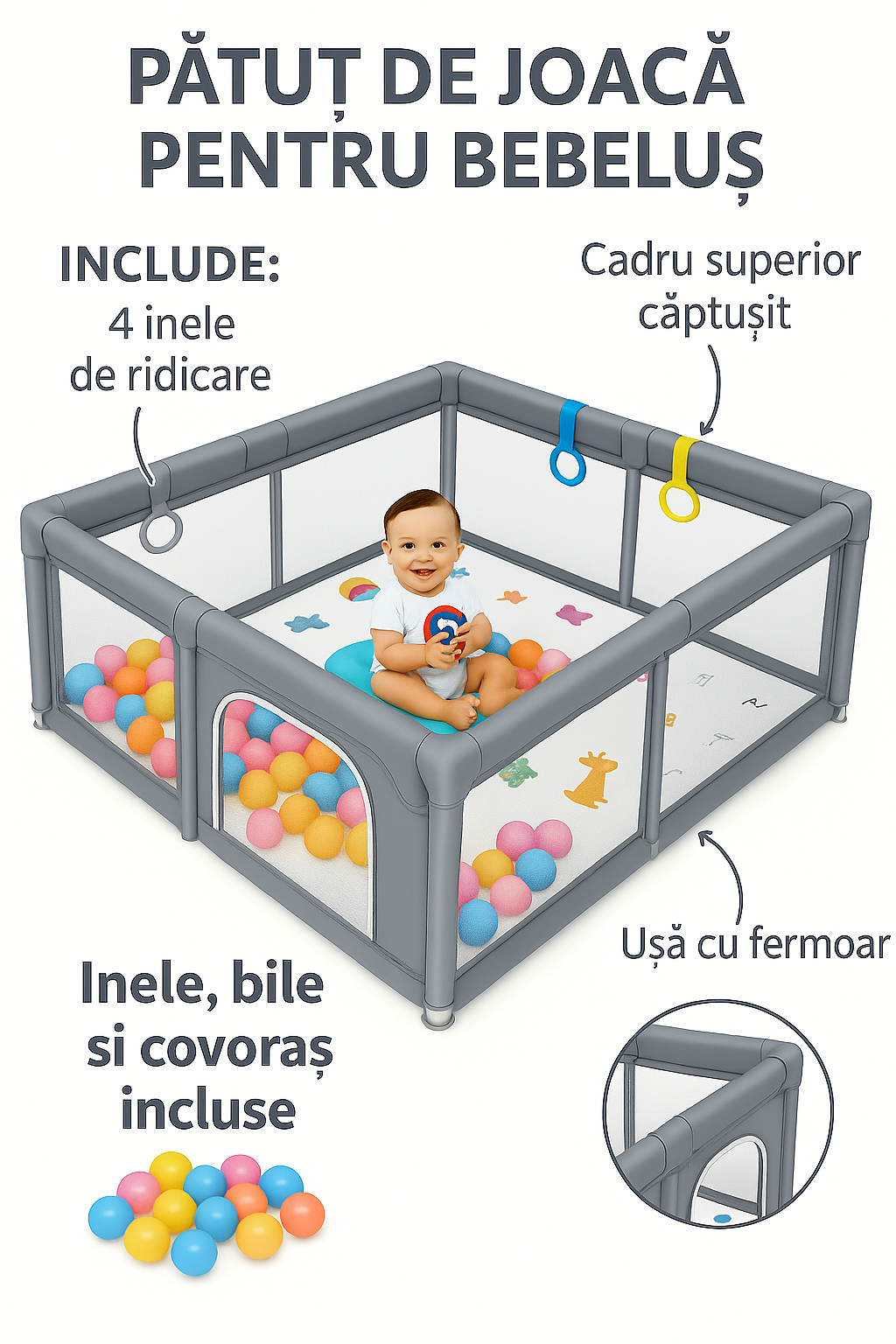Tarc de joaca pentru copii, HappyKID cu 4 inele ridicare,covoras si mingi,120x120x65cm
