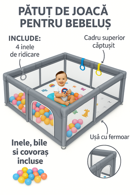 Tarc de joaca pentru copii, HappyKID cu 4 inele ridicare,covoras si mingi,120x120x65cm