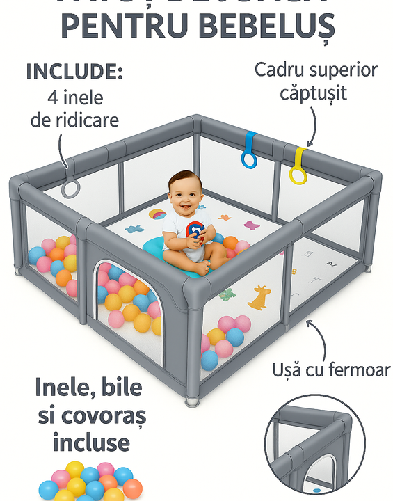 Tarc de joaca pentru copii, HappyKID cu 4 inele ridicare,covoras si mingi,120x120x65cm