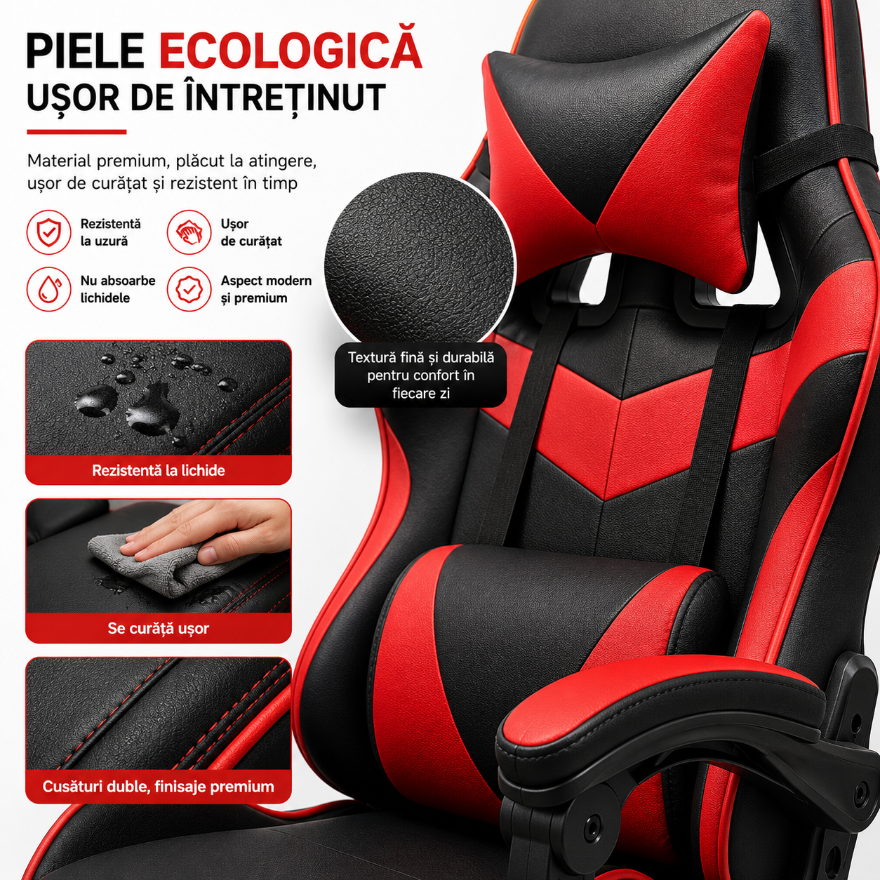 Scaun gaming ergonomic ROHS ExtremePro, funcție recliner, piele ecologică, pernă lombară și cervicală, suport 140 kg, negru cu roșu