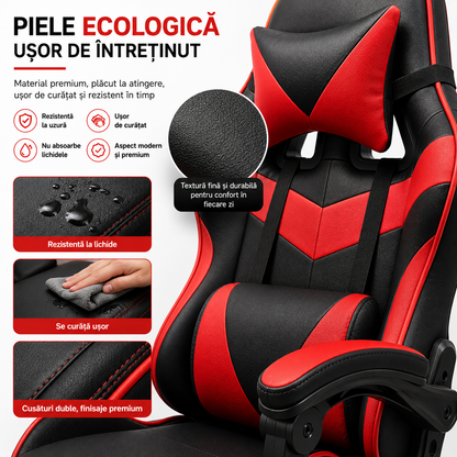 Scaun gaming ergonomic ROHS ExtremePro, funcție recliner, piele ecologică, pernă lombară și cervicală, suport 140 kg, negru cu roșu