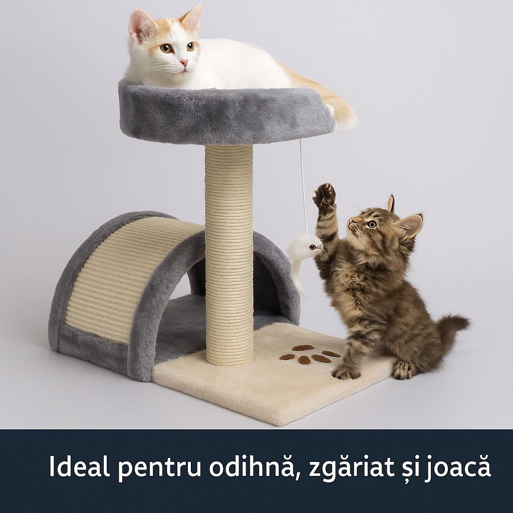 Ansamblu de joaca pisici cu sisal si jucarie soricel, 42 cm, gri – HAPPYpets