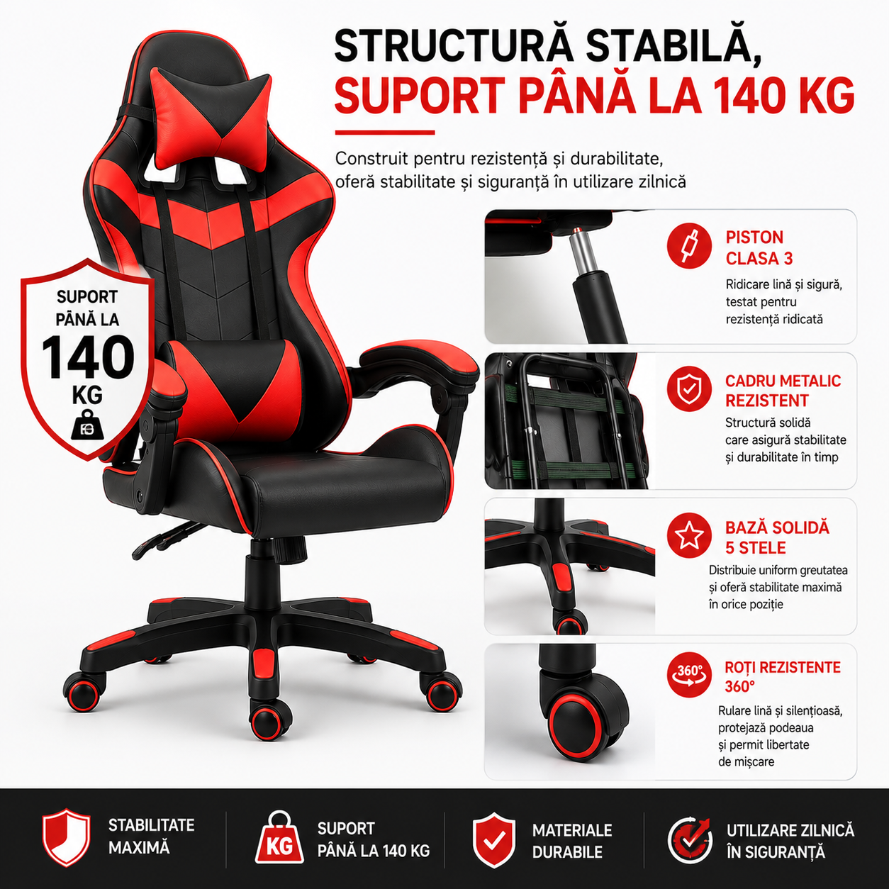 Scaun gaming ergonomic ROHS ExtremePro, funcție recliner, piele ecologică, pernă lombară și cervicală, suport 140 kg, negru cu roșu