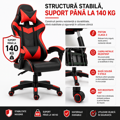 Scaun gaming ergonomic ROHS ExtremePro, funcție recliner, piele ecologică, pernă lombară și cervicală, suport 140 kg, negru cu roșu