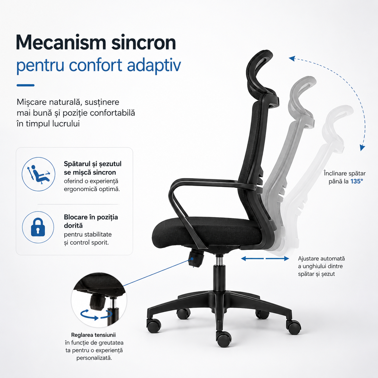 Scaun Ergonomic Reglabil pentru Birou si Gaming, Negru inchis