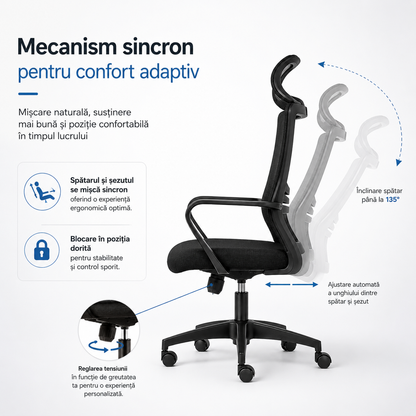 Scaun Ergonomic Reglabil pentru Birou si Gaming, Negru inchis