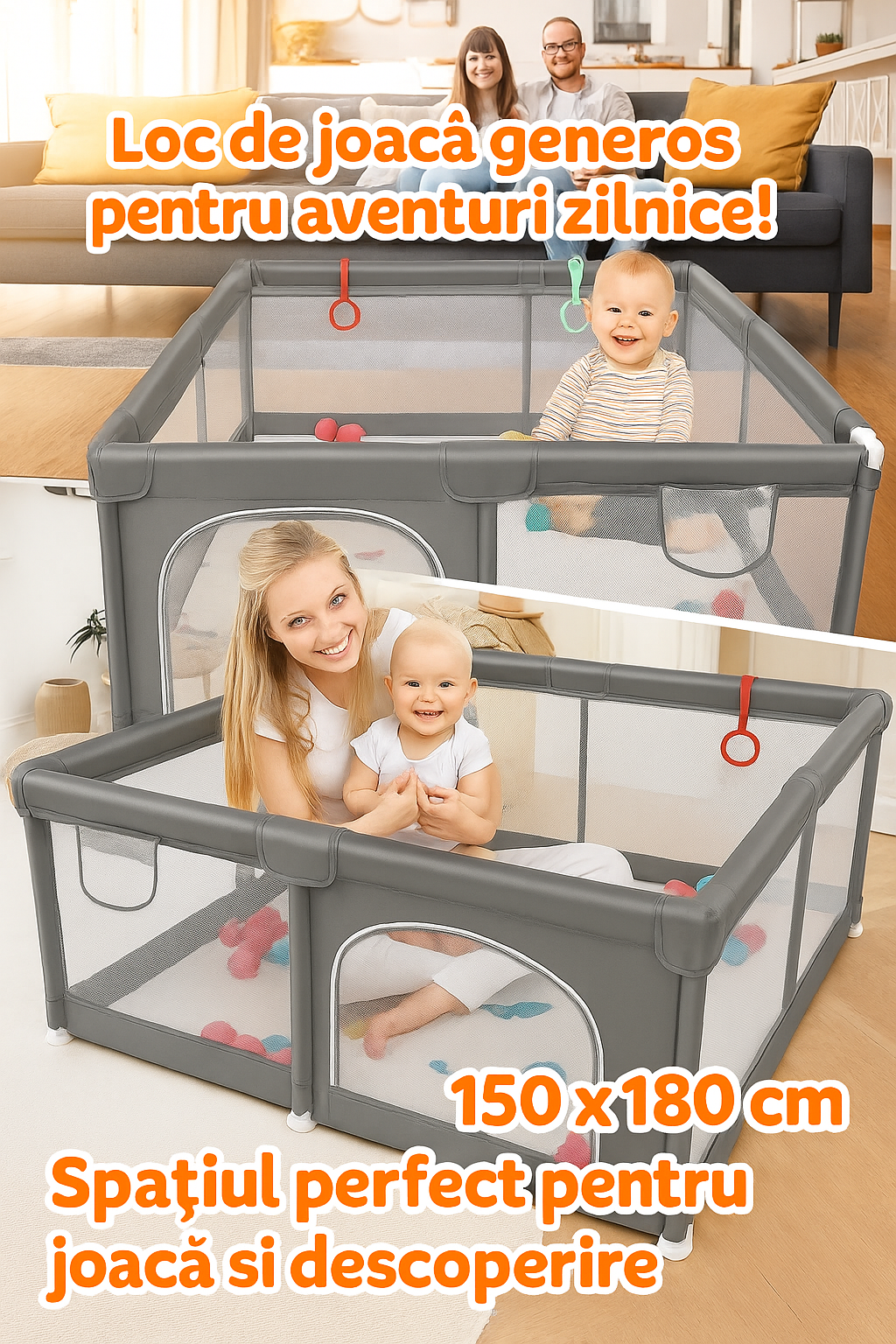 Tarc de joaca pentru copii 150x180 cm HappyKID cu 4 inele
