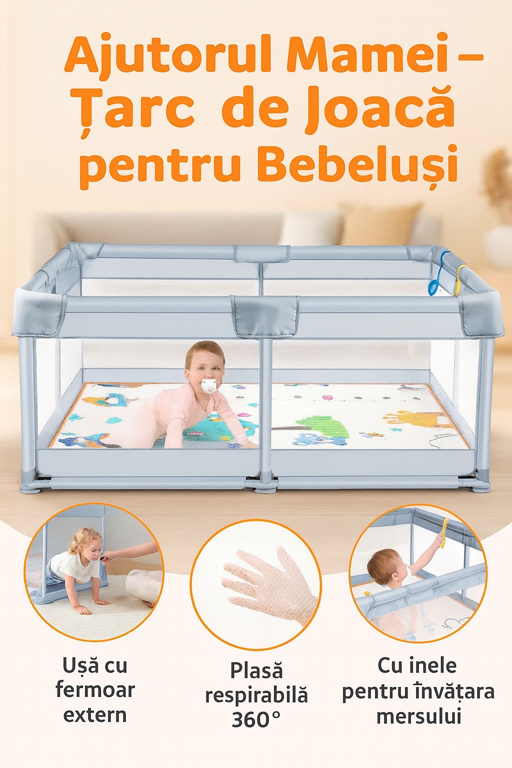 Tarc de joaca pentru copii 150x180 cm HappyKID cu 4 inele