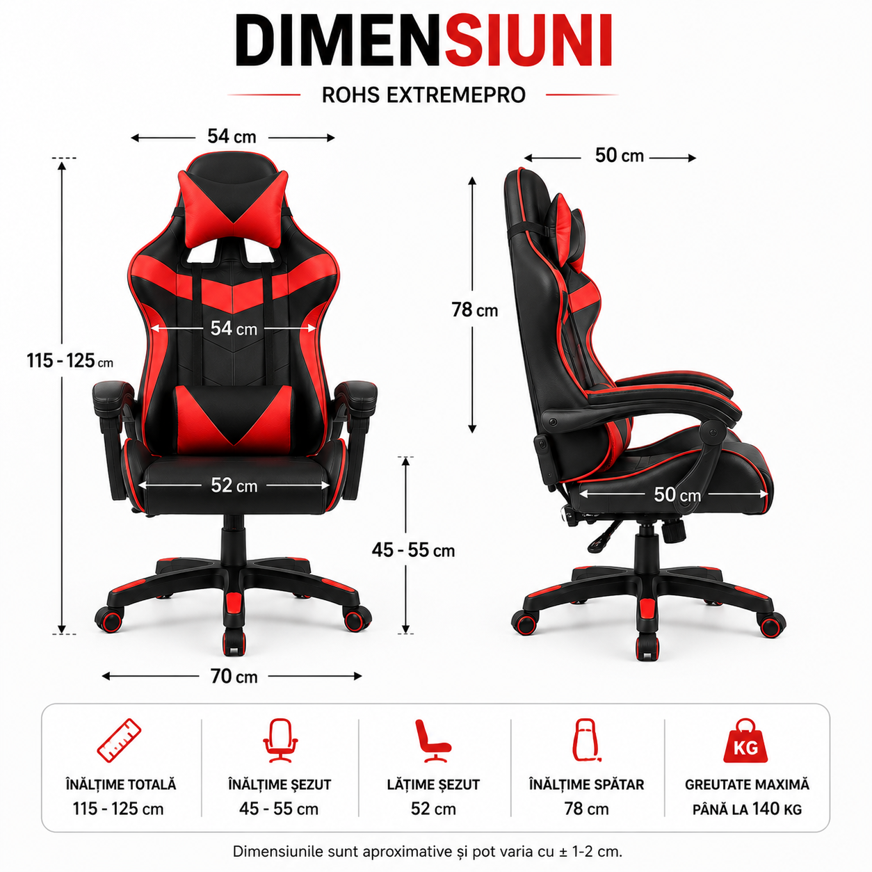 Scaun gaming ergonomic ROHS ExtremePro, funcție recliner, piele ecologică, pernă lombară și cervicală, suport 140 kg, negru cu roșu