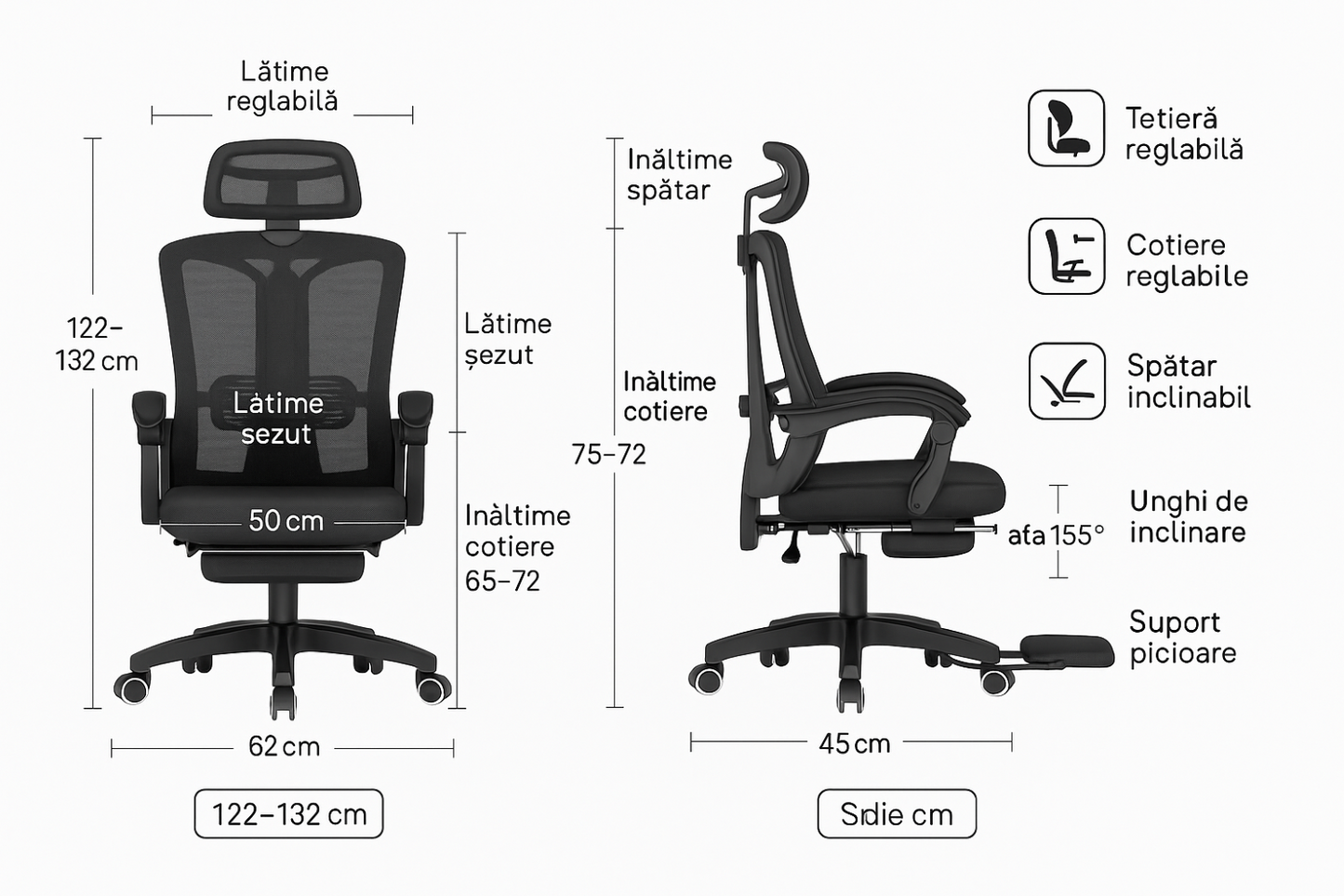 Scaun reglabil pentru Birou sau Gaming Ergonomic Negru