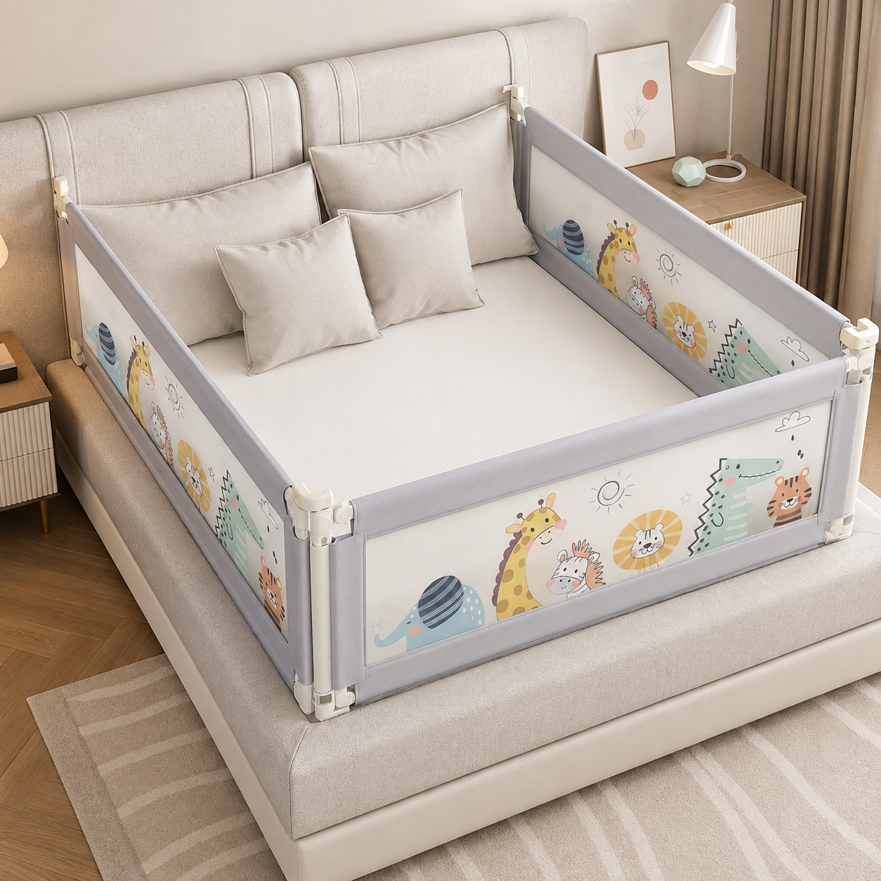 Product	 Set 3 Bariere de Siguranță Pat Copii HappiKID, 2x200 cm + 1x160 cm, Înălțime Reglabilă 68–98 cm, Protecție Anti-Cădere pentru Bebeluși și Copii, Universal
