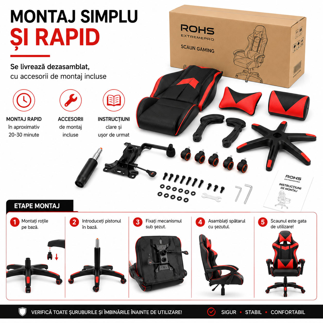 Scaun gaming ergonomic ROHS ExtremePro, funcție recliner, piele ecologică, pernă lombară și cervicală, suport 140 kg, negru cu roșu