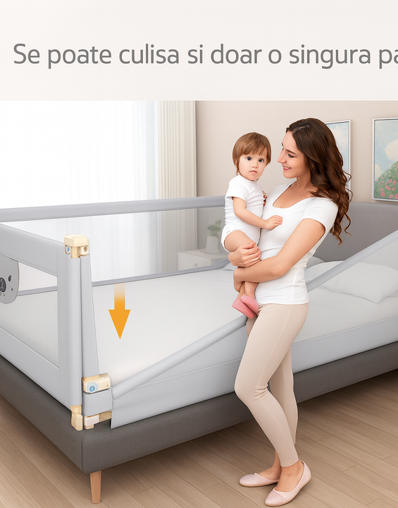 Set 3 Bariere de Pat pentru Copii – 2x200cm + 1x180cm, Gri, Conectori Inclusi