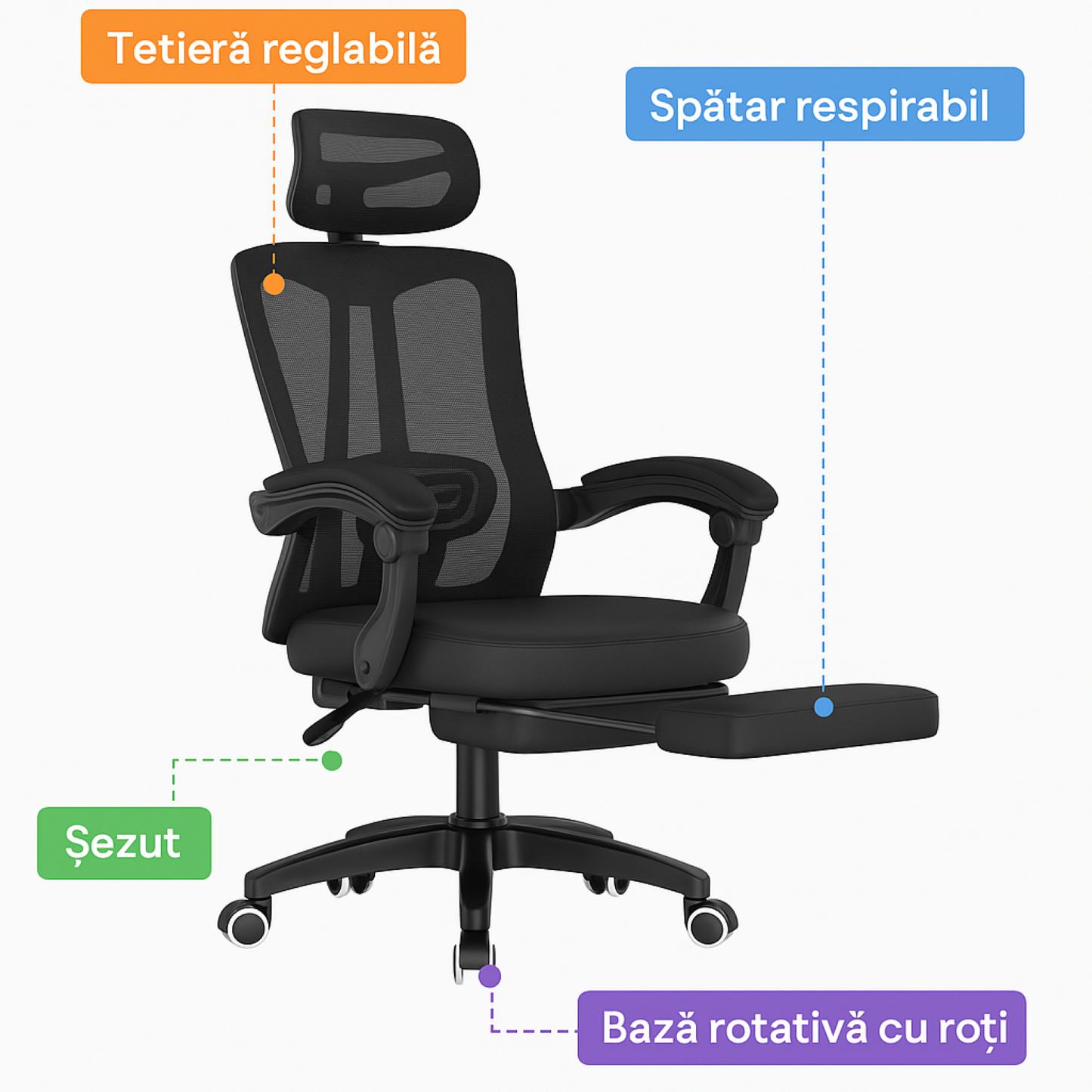 Scaun reglabil pentru Birou sau Gaming Ergonomic Negru
