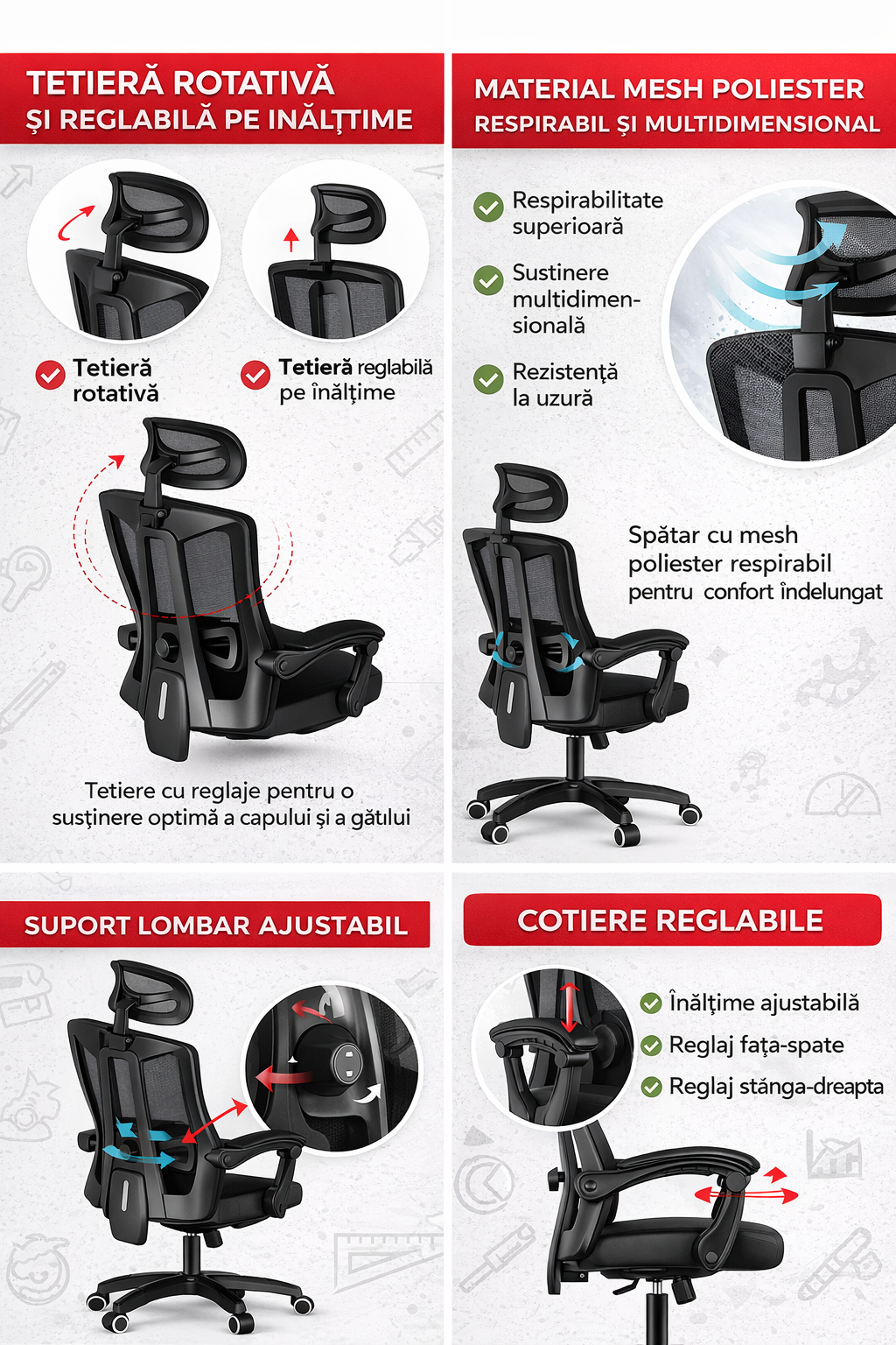 Scaun ergonomic birou gaming RoHS® negru – mesh tetiera 2D suport lombar 120kg – imagine 2