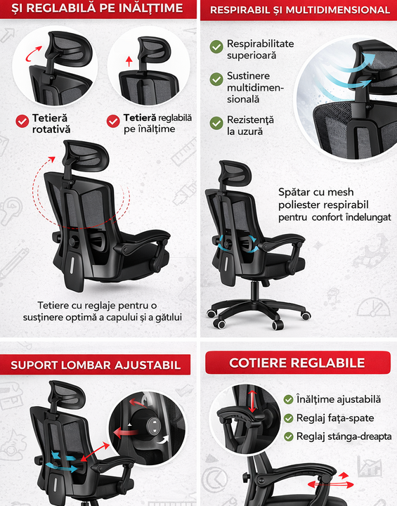 Scaun ergonomic birou/gaming, negru, spatar mesh, tetiera 2D, suport lombar, 120 kg