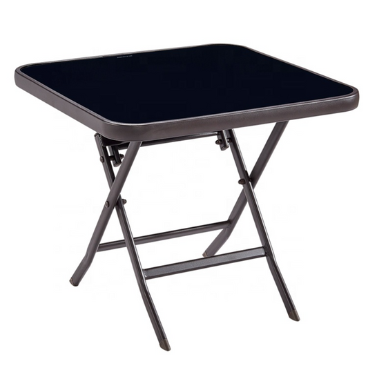 Masă pliabilă exterior 80x80 cm 4 persoane – metal și sticlă neagră rezistentă
