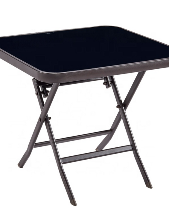 Masă pliabilă exterior 80x80 cm 4 persoane – metal și sticlă neagră rezistentă