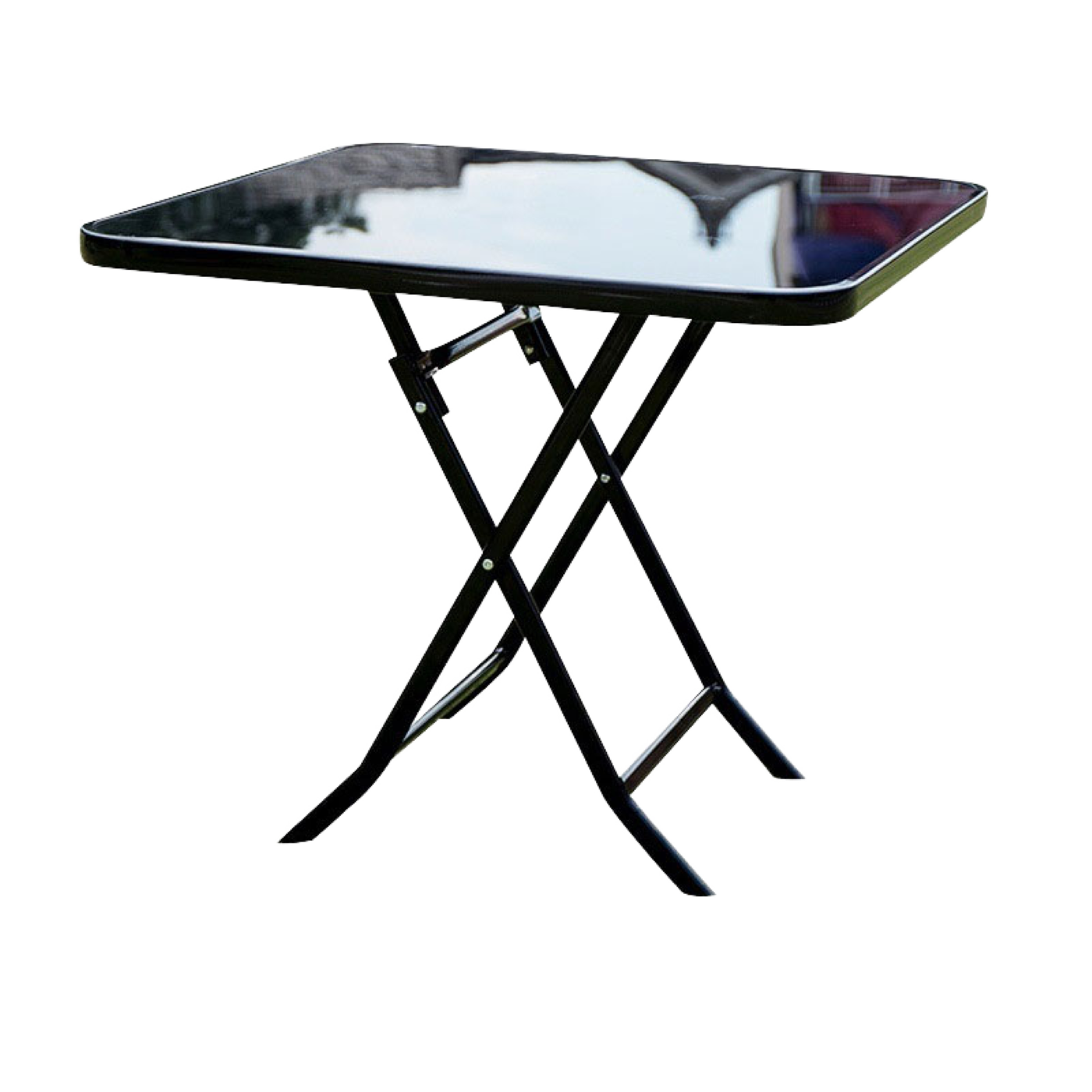 Masă pliabilă exterior 80x80 cm 4 persoane – metal și sticlă neagră rezistentă