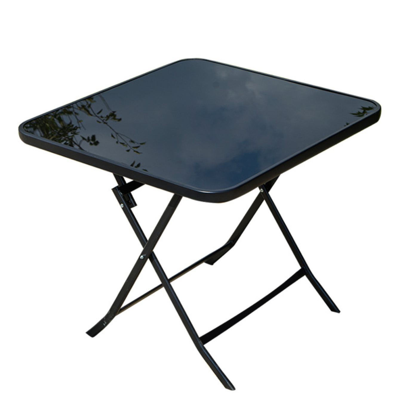 Masă pliabilă exterior 80x80 cm 4 persoane – metal și sticlă neagră rezistentă