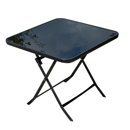 Masă pliabilă exterior 80x80 cm 4 persoane – metal și sticlă neagră rezistentă