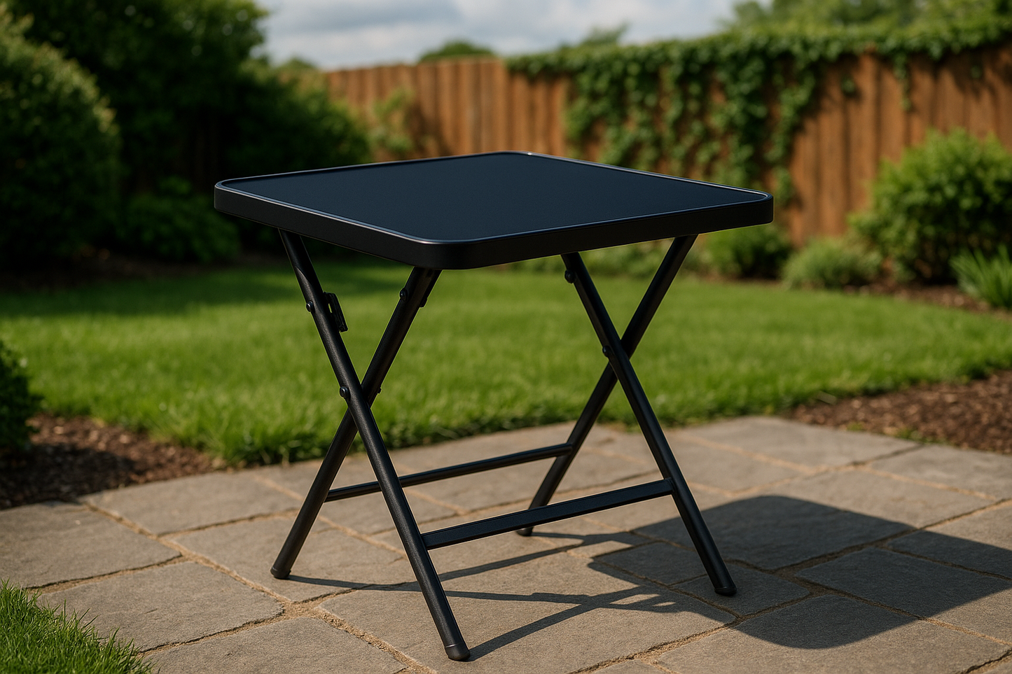 Masă pliabilă exterior 80x80 cm 4 persoane – metal și sticlă neagră rezistentă