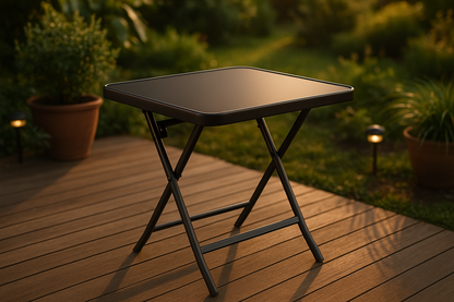 Masă pliabilă exterior 80x80 cm 4 persoane – metal și sticlă neagră rezistentă