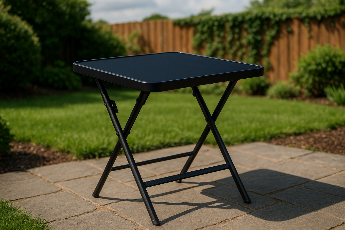 Masă pliabilă exterior 80x80 cm 4 persoane – metal și sticlă neagră rezistentă