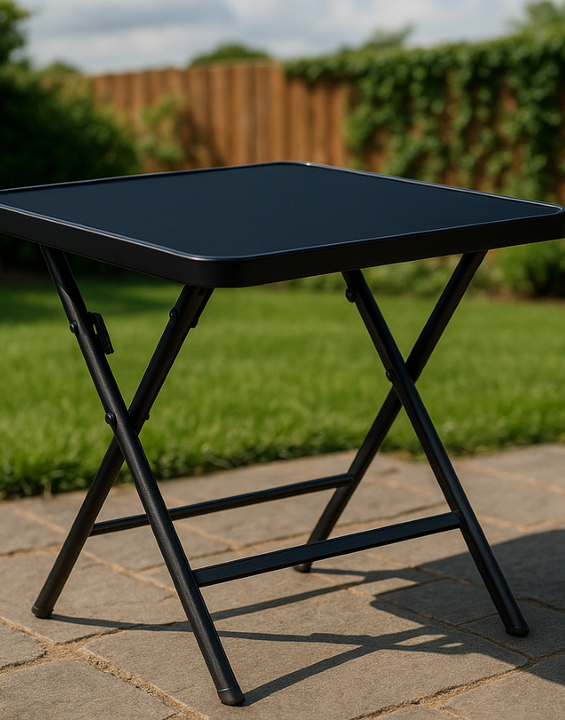 Masă pliabilă exterior 80x80 cm 4 persoane – metal și sticlă neagră rezistentă