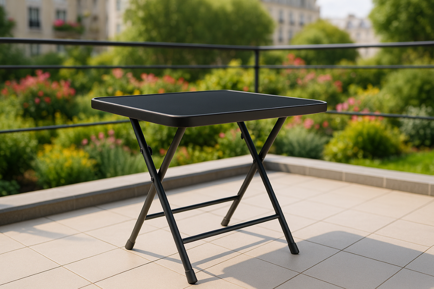 Masă pliabilă exterior 80x80 cm 4 persoane – metal și sticlă neagră rezistentă