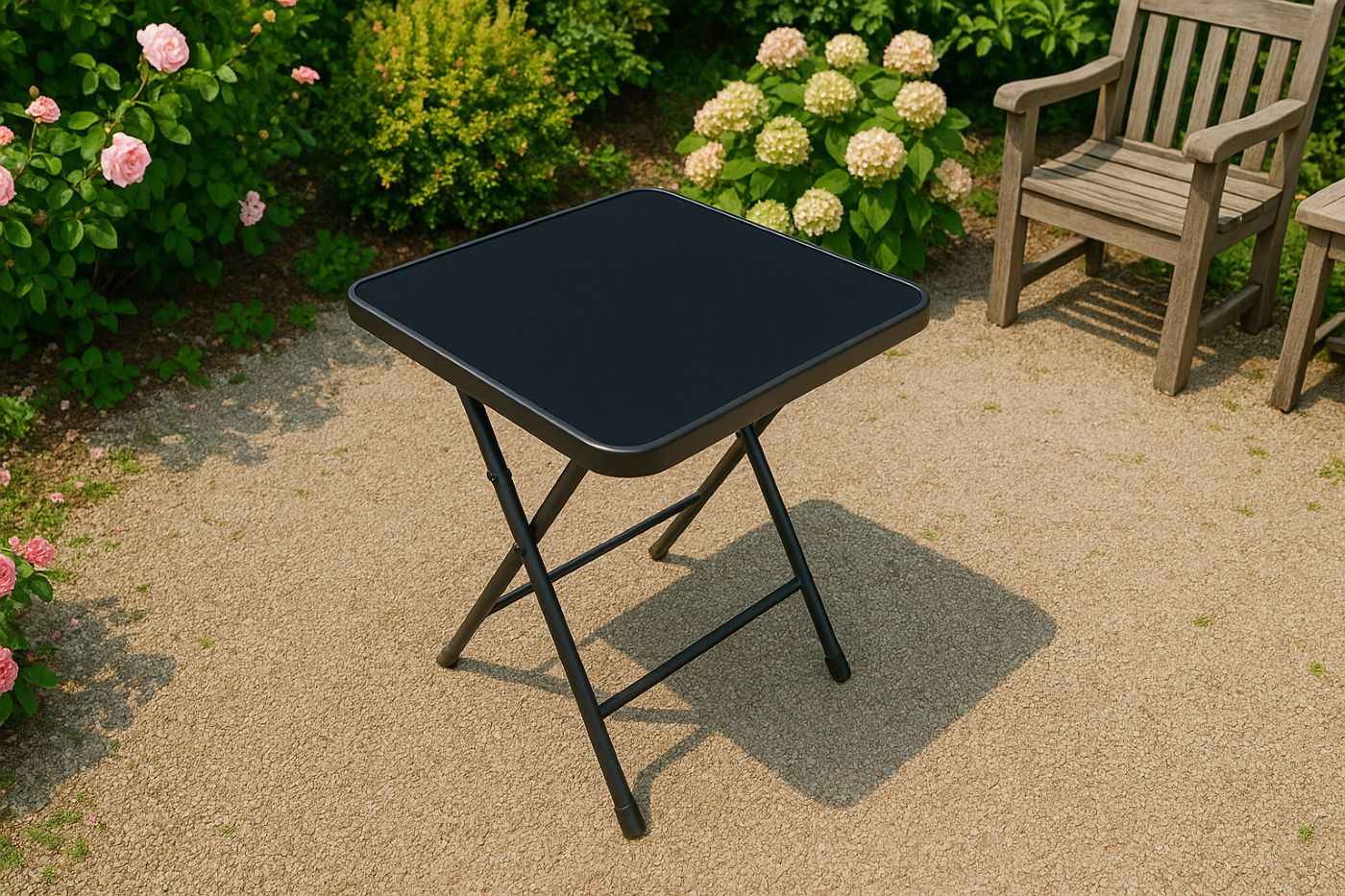 Masă pliabilă exterior 80x80 cm 4 persoane – metal și sticlă neagră rezistentă