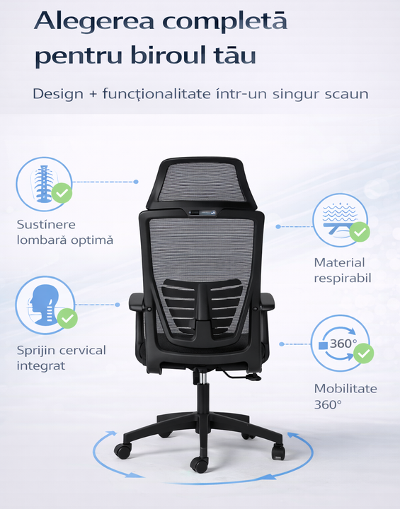 Scaun Ergonomic Reglabil pentru Birou si Gaming, Negru inchis