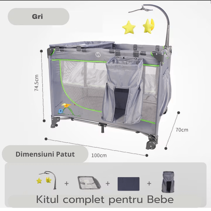 Pătuț Pliant KappyKID 2 Niveluri cu Arcadă de Jucării – Saltea