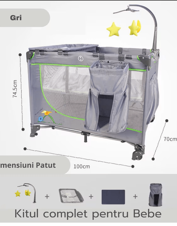 Pătuț Pliant KappyKID 2 Niveluri cu Arcadă de Jucării – Saltea Inclusă